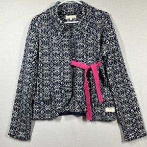 Odd Molly Lambswool Cardigan 2 Medium Blue Nordic Wrap Tie Sweater Fair Isle